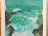 a painting of a green ocean scene with rocks in the foreground