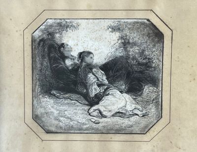 an old picture of a man and a woman sitting on the ground