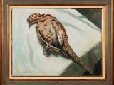peinture représentant un faisan sur une toile blanche, encadrée d'un cadre marron