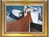 un tableau représentant un bateau sur l'eau avec un toit rouge