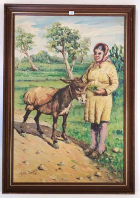 painting of a woman standing next to a donkey in a field