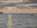 an oil painting of a boat in the ocean with a sunset in the background