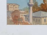 a picture of a painting of a building and a horse drawn carriage