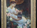 une peinture à l'huile représentant une femme assise sur une chaise, tenant un chat dans ses bras