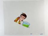animation cel of a man holding a fish bowl with a fish inside of it