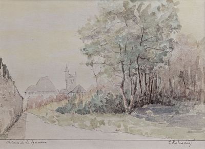 dessin représentant un paysage avec une église au loin et des arbres au premier plan