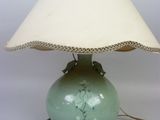 a green lamp that has a white shade on it