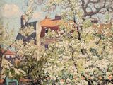 une image représentant un tableau d'un arbre aux fleurs blanches devant un bâtiment