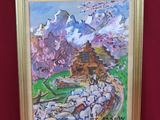 an oil painting of a house on a hill with a mountain in the background