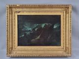 une peinture à l'huile représentant un bateau sur une mer agitée
