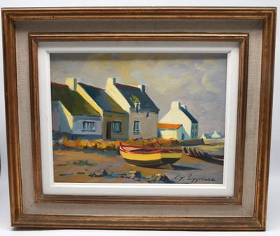 an image of a painting of a boat in front of a house