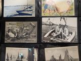 several black and white photos of people on a boat in the water