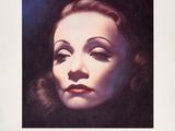 painting of a woman with long hair and big eyes in a black and white photo