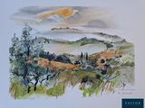 peinture représentant un paysage avec des collines et des arbres au loin