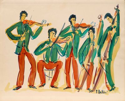 painting of a group of men in green jackets playing musical instruments