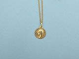 a woman wearing a gold necklace with a coin on it