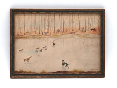 painting of a man and his dogs playing in a pond