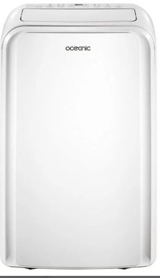 a white portable air conditioner on a white background