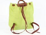 lime green canvas tote bag with brown leather handles