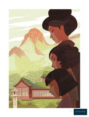 une illustration représentant une femme tenant un enfant dans ses bras devant une montagne