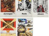 four postcards of various paintings of different countries and their names