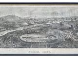 a black and white photo of an aerial view of a stadium
