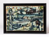 an oil painting of boats in a harbor with buildings in the background