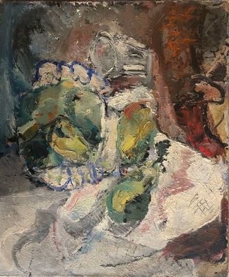 une peinture représentant un vase de fleurs sur une table