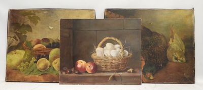 three paintings of fruit and eggs in a basket on a table