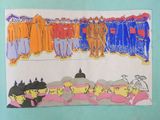 a drawing of a group of people standing in front of a building