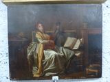 un tableau représentant une femme en train de lire un livre, accroché au mur