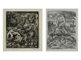 deux dessins en noir et blanc représentant un homme à cheval et une femme à cheval