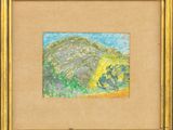 an image of a painting of a mountain with trees in the foreground