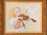 painting of a young girl playing a violin with a white dove