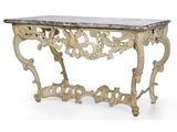 une console ancienne avec un plateau en marbre et des sculptures ouvragées