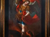 une peinture à l'huile représentant un ange tenant une lance et un drapeau