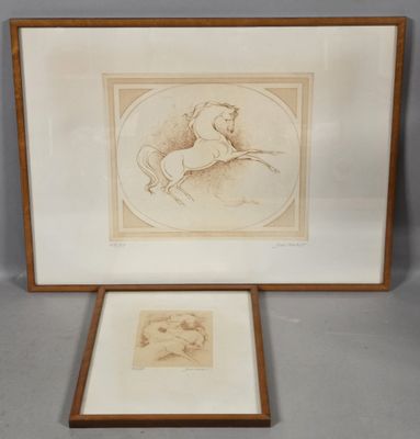 two framed drawings of a horse and a dog in a wood frame