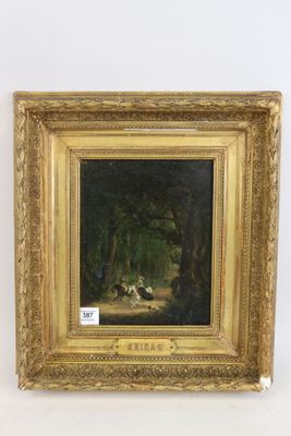 an oil painting of a wooded scene with a man and a dog in the foreground