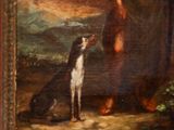 an old painting of a man and a dog in a landscape