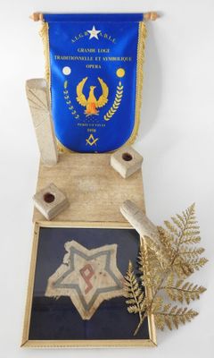une photo d'un drapeau bleu et or accroché au mur à côté d'une plante
