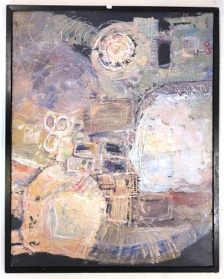 abstract painting of a room with a clock and a chair in it