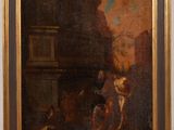 an oil painting of a man and a dog in a courtyard