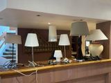 three lamps that are sitting on a bar in a room