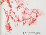 a red ink drawing of a woman sitting in a chair