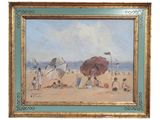 painting of a beach scene with people and umbrellas on a sunny day