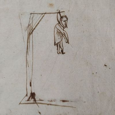 an old drawing of a person hanging from a pole