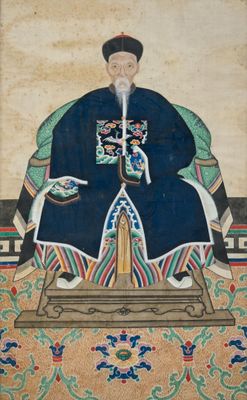 une peinture orientale représentant un homme assis sur une chaise