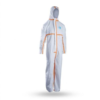 a white and orange coverall with a hood on it