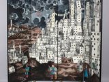 an image of a room divider screen with a city scene on it