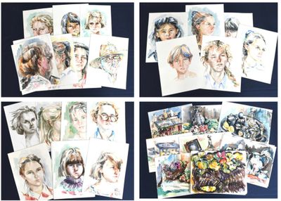 several pictures of a bunch of cards with different faces on them